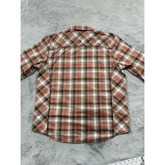 Prana Shirt Mens XL Red Brown White Plaid Slim Fit Polyester Button Up Outdoor - Picture 6 of 13